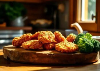 Nuggets caseiros de frango com brócolis