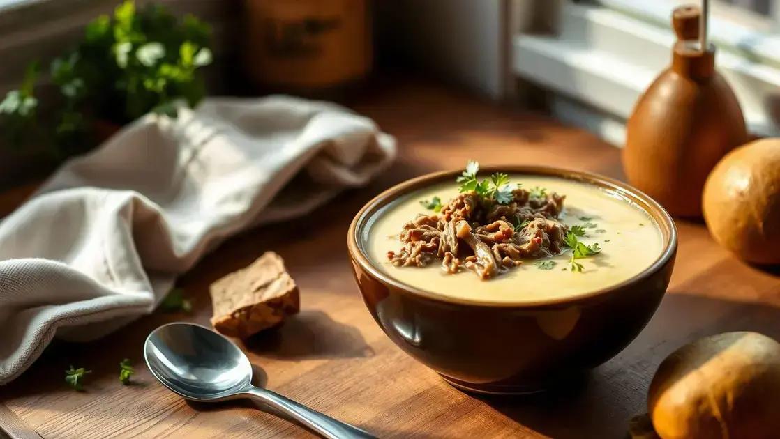 Sopa creme de mandioquinha com carne desfiada