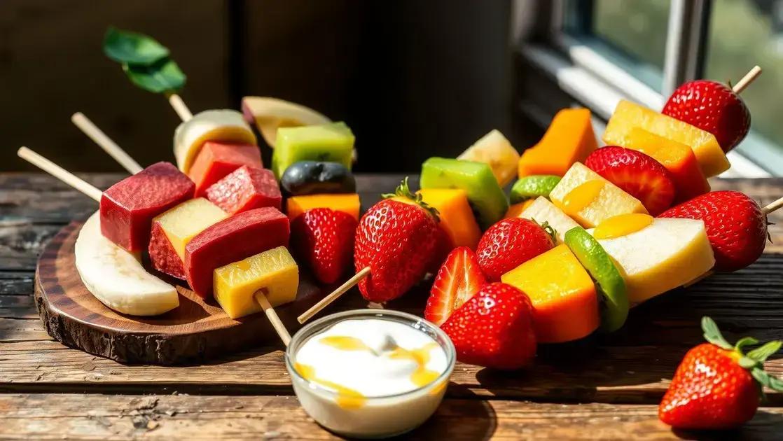 Espetinhos de frutas com iogurte natural