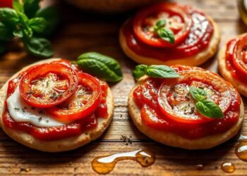 mini pizzas de pão sírio com molho de tomate e queijo branco