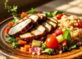Peito de frango grelhado com salada vibrante e quinoa
