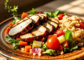 Peito de frango grelhado com salada vibrante e quinoa