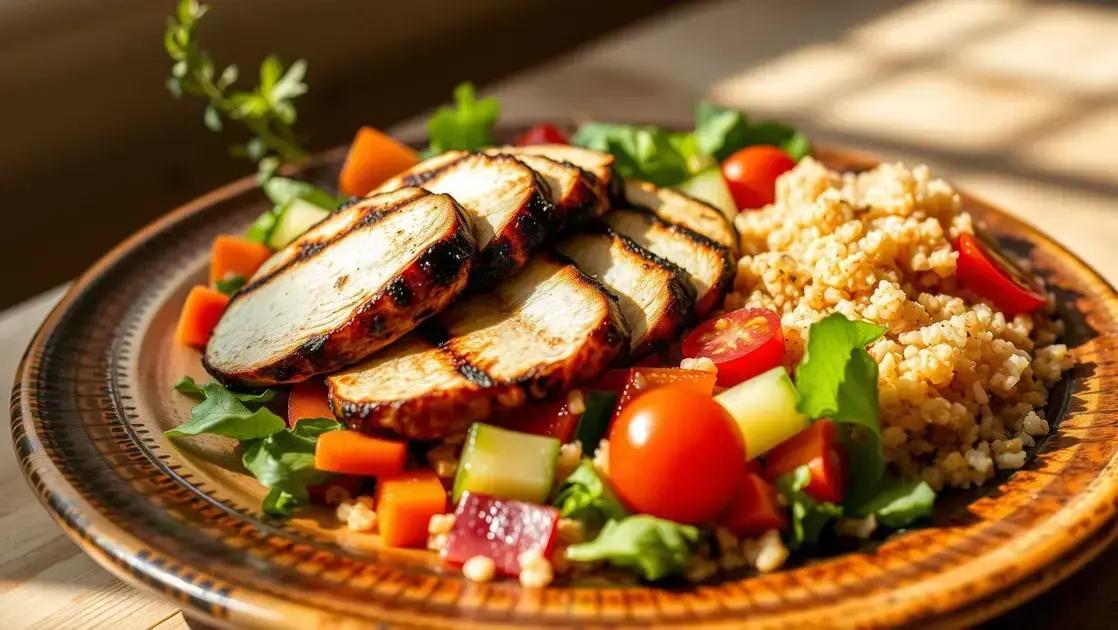 Peito de frango grelhado com salada vibrante e quinoa
