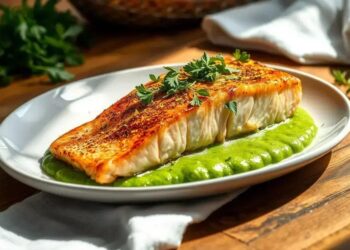 salmão assado com purê de ervilha