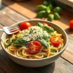 Macarrão integral com pesto caseiro e tomatinhos