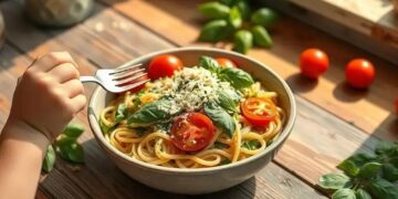 Macarrão integral com pesto caseiro e tomatinhos