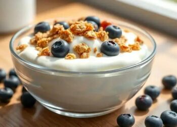 Iogurte grego com granola sem glúten e mirtilos