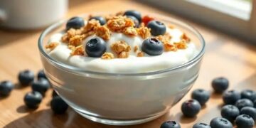 Iogurte grego com granola sem glúten e mirtilos