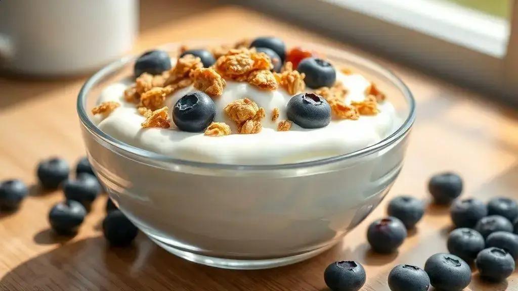 Iogurte grego com granola sem glúten e mirtilos