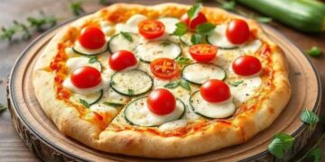 Pizza de abobrinha com queijo branco e tomate cereja