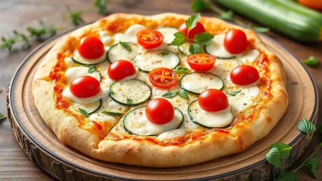 Pizza de abobrinha com queijo branco e tomate cereja
